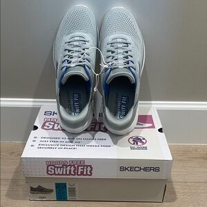 Skechers Women’s SwiftFit Slip-On Sneakers - Light Gray with Blue Accent